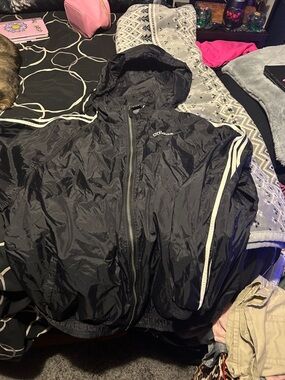 adidas Black Hooded Windbreaker with White Stripe Accents